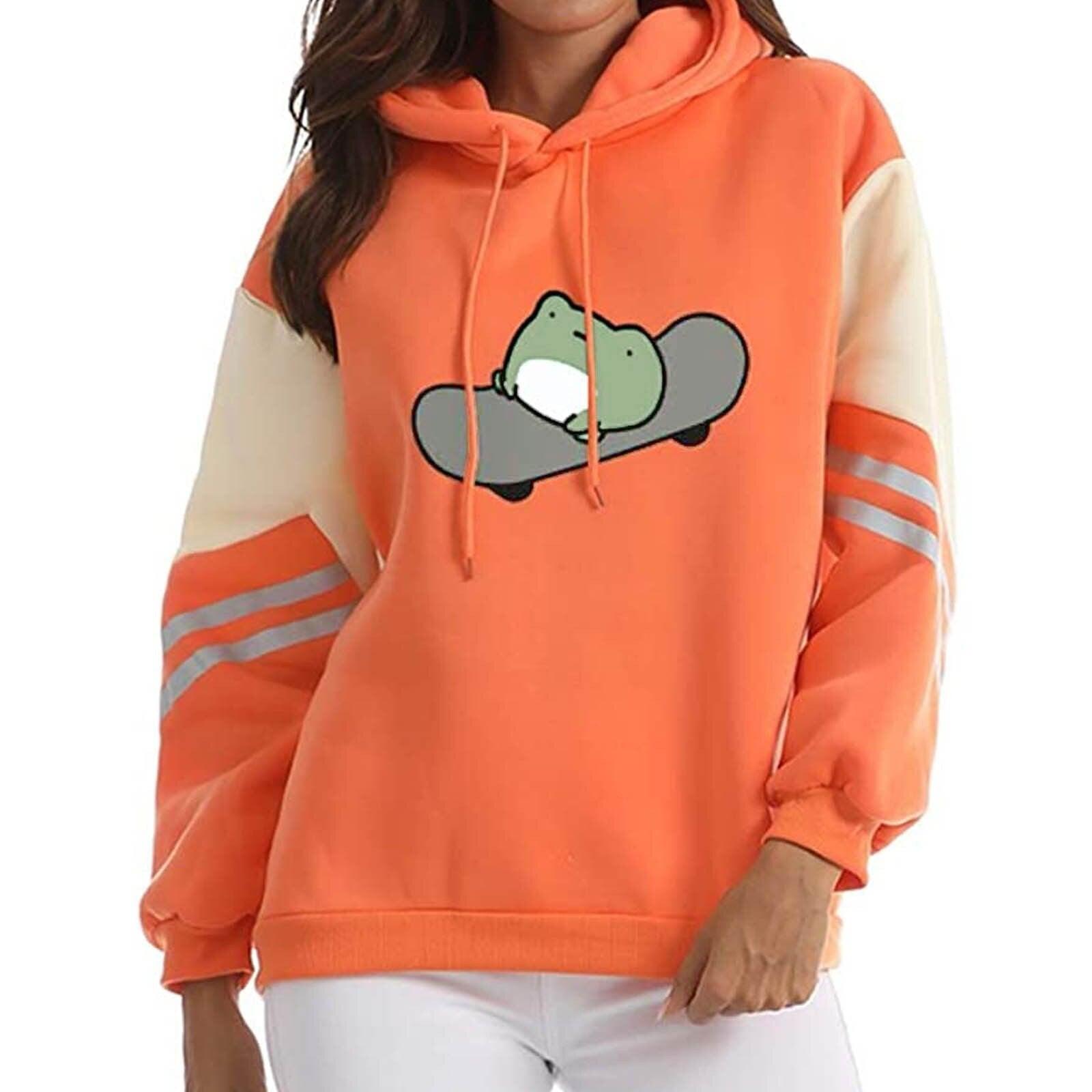 Skateboarding Frog Lightweight Hooded Sweatshirt Everyday Casual Skater Cute Hoodie Kawaii Funny Animal Harajuku