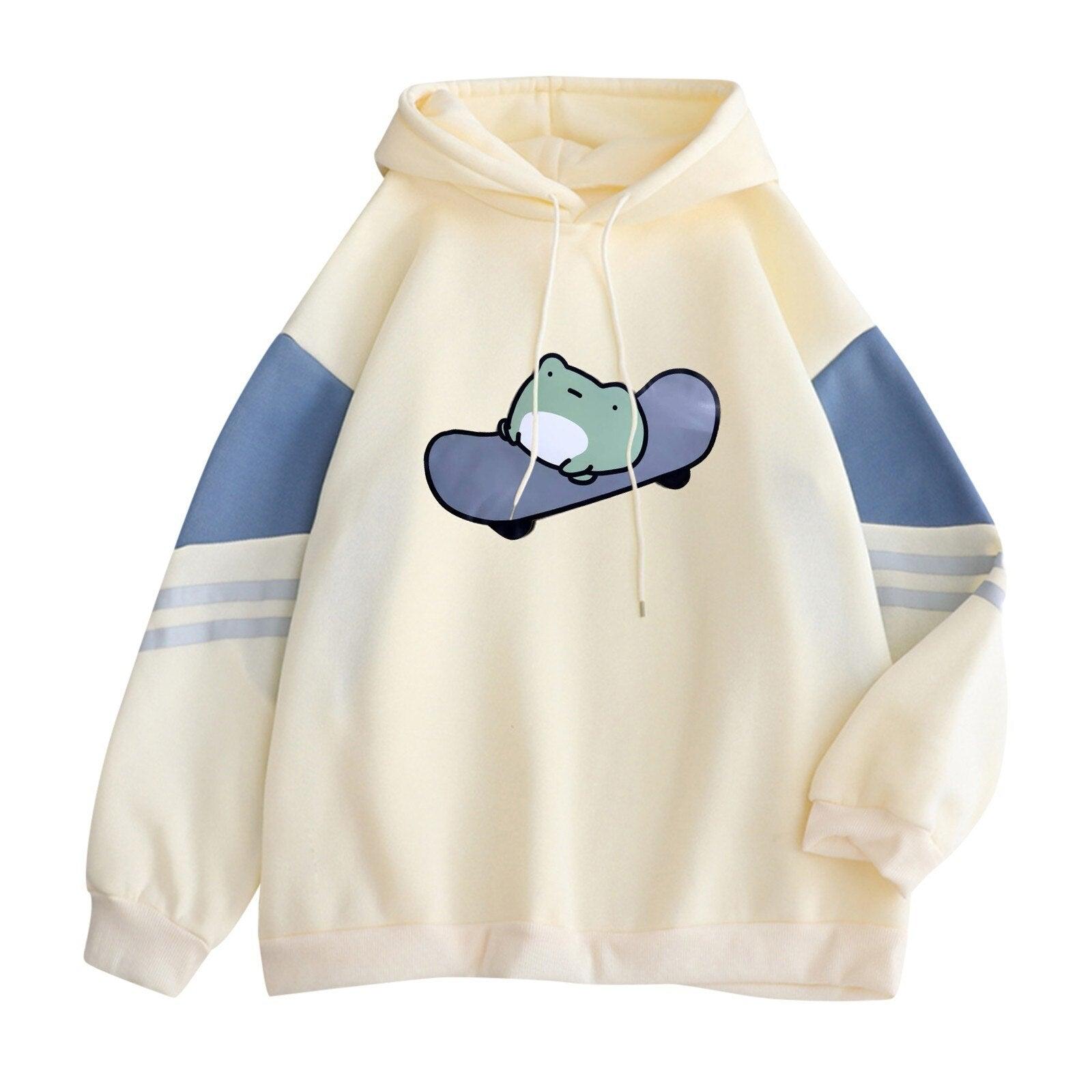 Skateboarding Frog Lightweight Hooded Sweatshirt Everyday Casual Skater Cute Hoodie Kawaii Funny Animal Harajuku